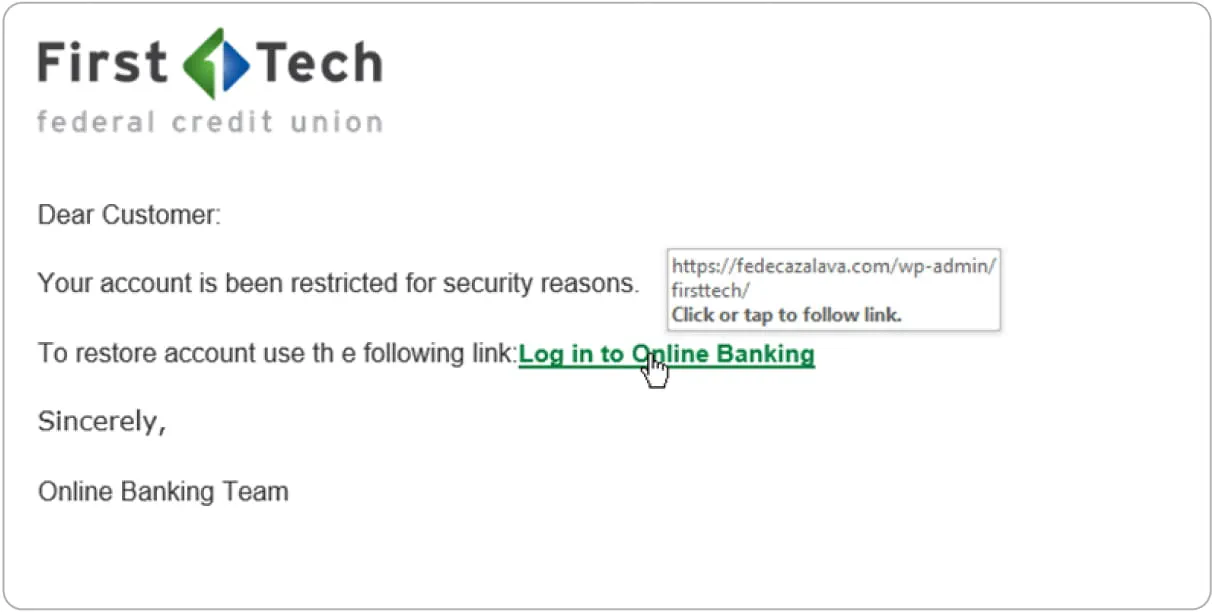 This image depicts an example of phishing in an email. The cursor is hovering over a green link that links to a suspicious website.